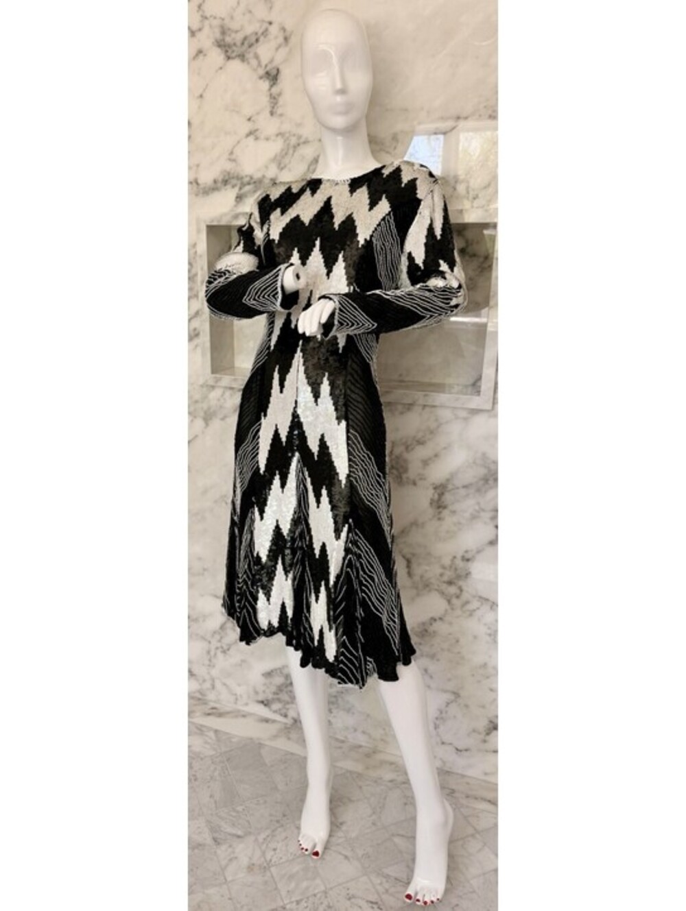 Vintage Beaded Sequin Silk Dress Black White Art Deco Cocktail Party Size S